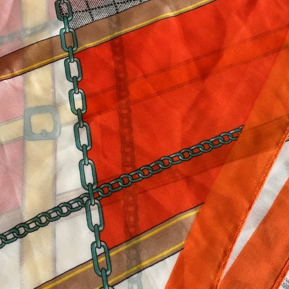 Oversized silk feel scarf/wrap. Chains and belts pattern. 34” by 72”. - Picture 4 of 5